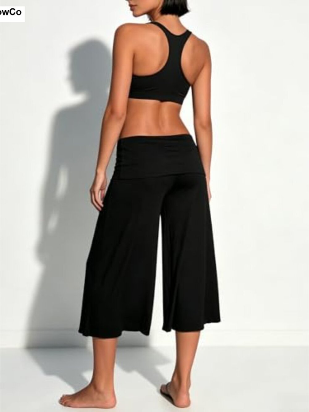 Women Low Rise Fold Over Wide Leg Capri Gaucho Pants Cotton Stretch Yoga - Picture 5 of 6